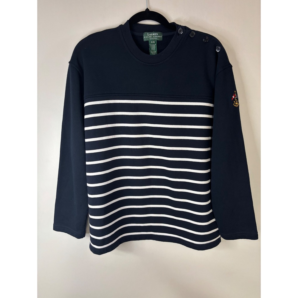 Lauren Ralph Lauren Petite M Striped Nautical Sweatshirt Navy White Buttons Logo